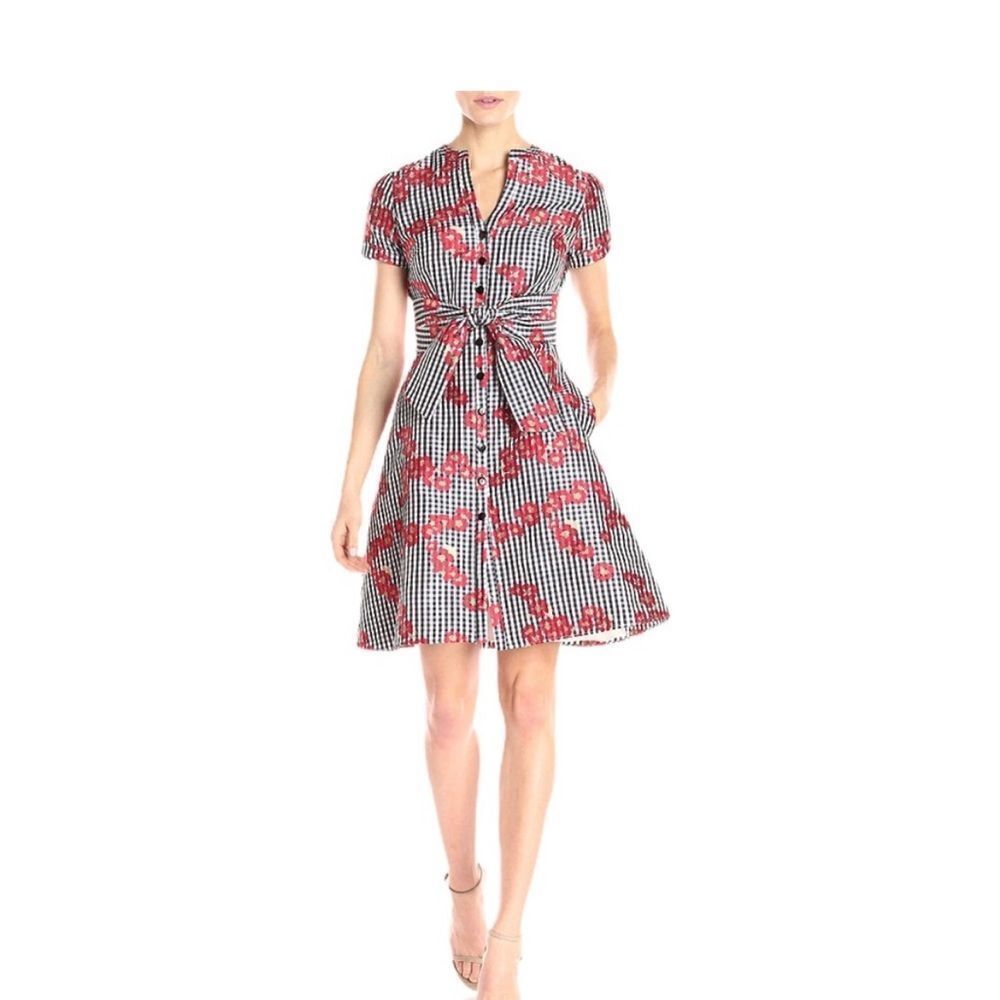 Nwot you Adrianna Papell plaid and floral dress with pockets and self tie